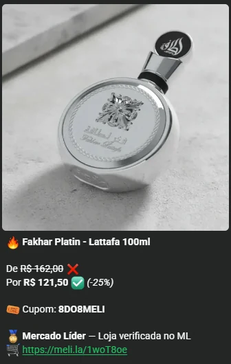 Print do grupo: Fakhar Platin, Lattafa 100 ml, de R$ 162,00 por R$ 121,50 (25% off) com cupom